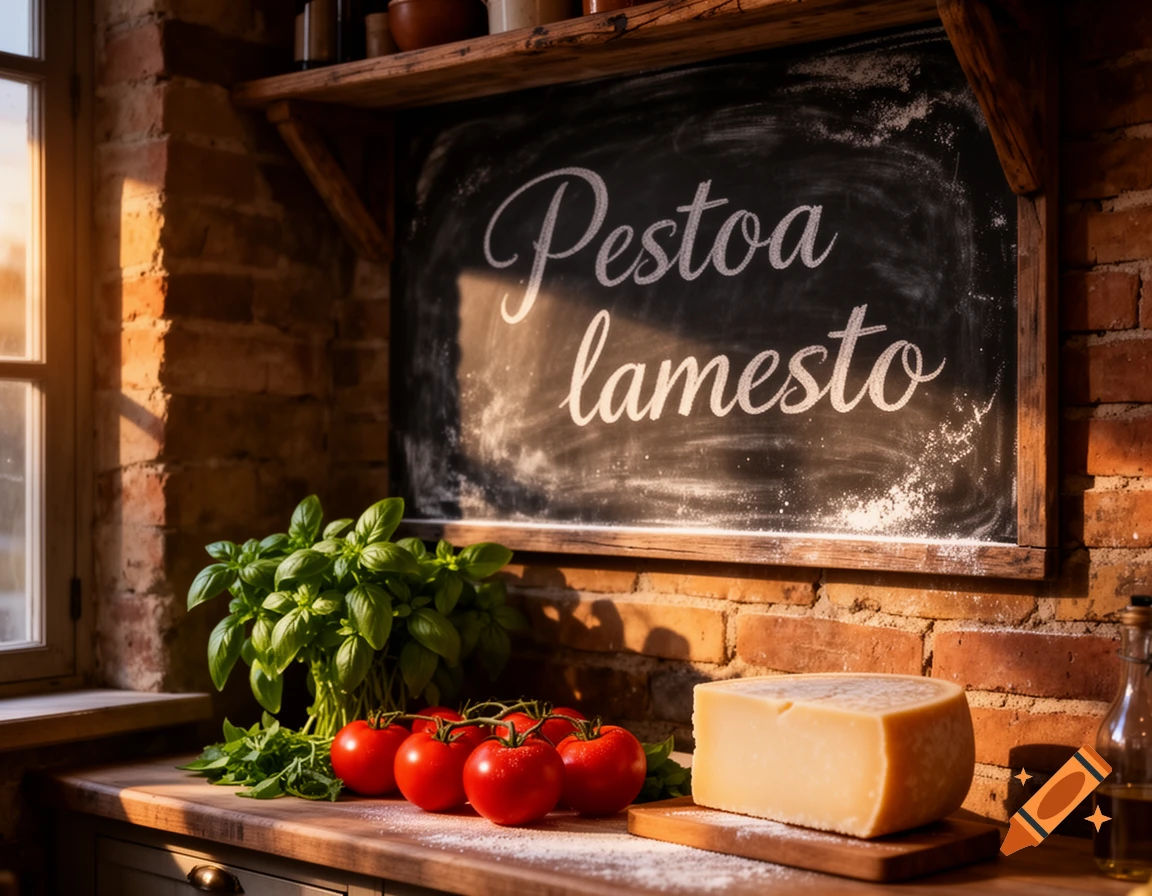 Rustic kitchen counter with basil, tomatoes, a block of cheese, and a chalkboard with 'Pestoa lamesto' written on it, bathed in warm sunlight.