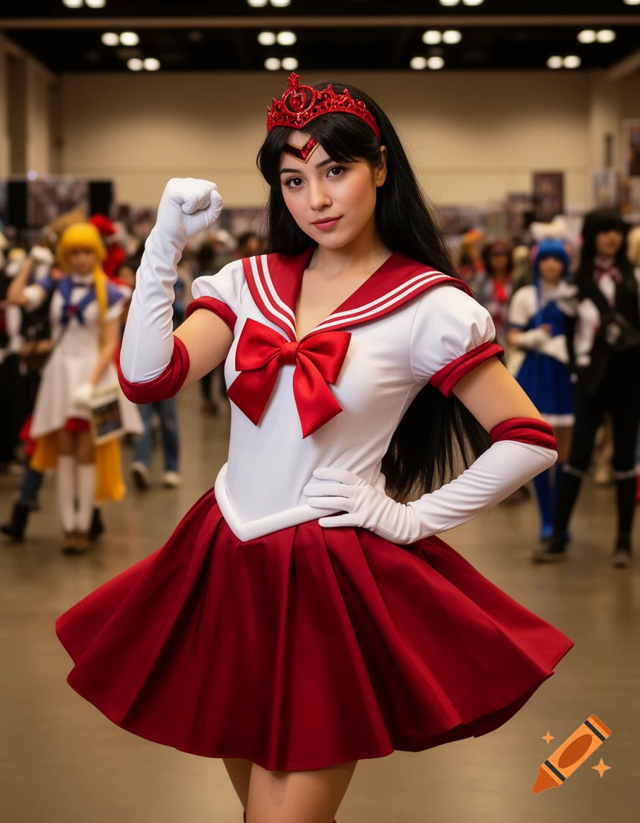 A woman in a red and white Sailor Mars cosplay poses with a fist raised at a convention.