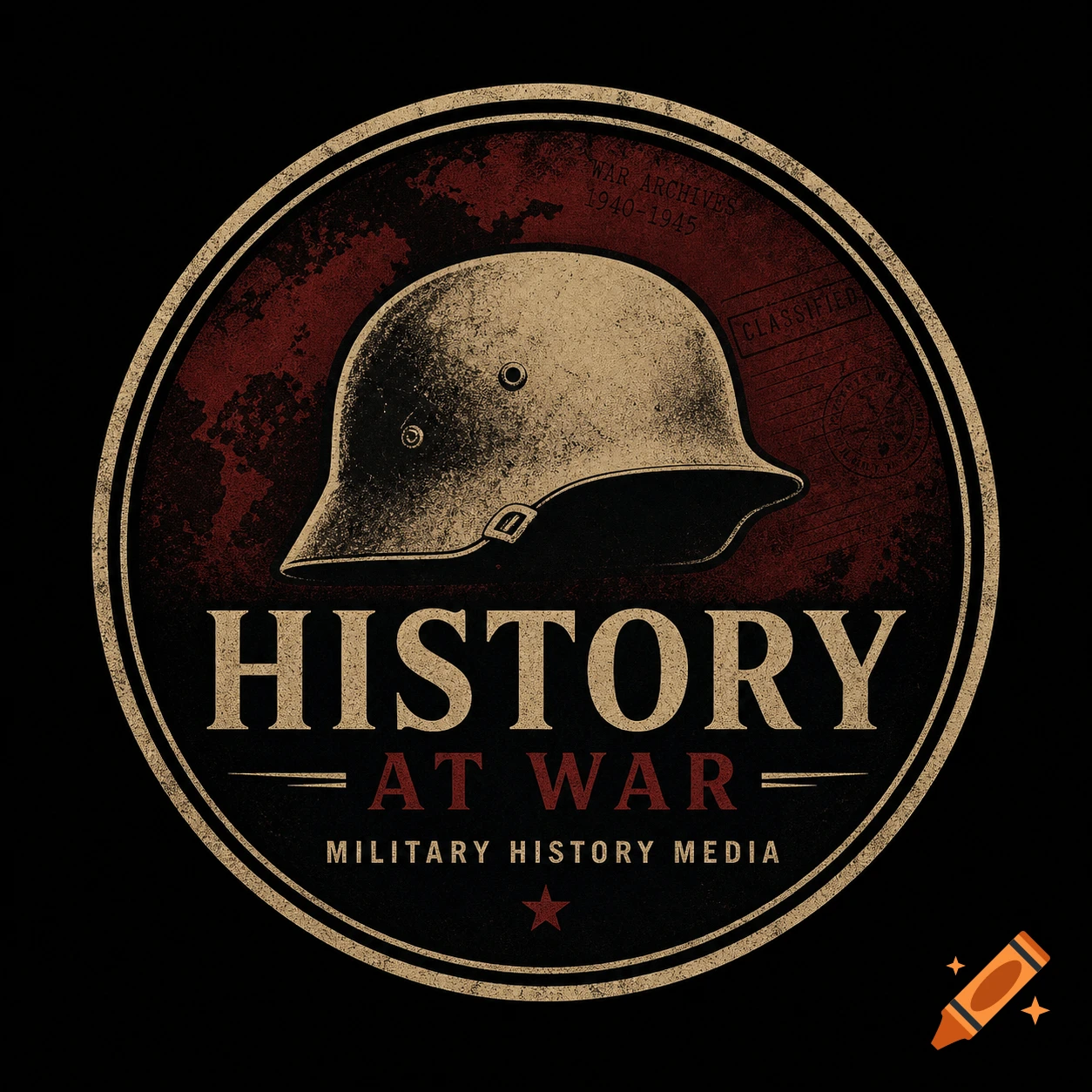 A vintage-style round logo with a WWII military helmet, text "HISTORY AT WAR" and "MILITARY HISTORY MEDIA" in beige and red on a dark, distressed background.