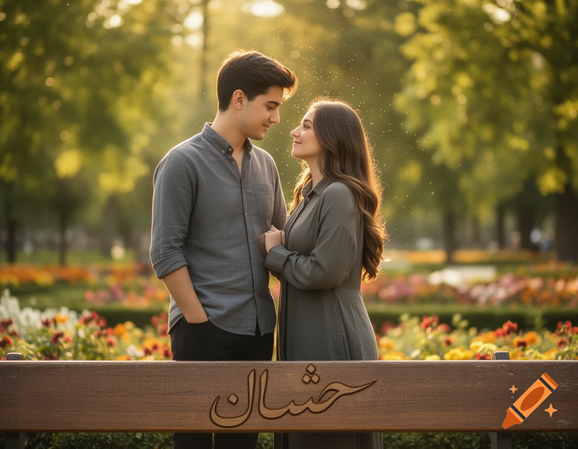 A young couple looks lovingly at each other in a sunlit park with flowers and a bench in the foreground, photorealistic.
