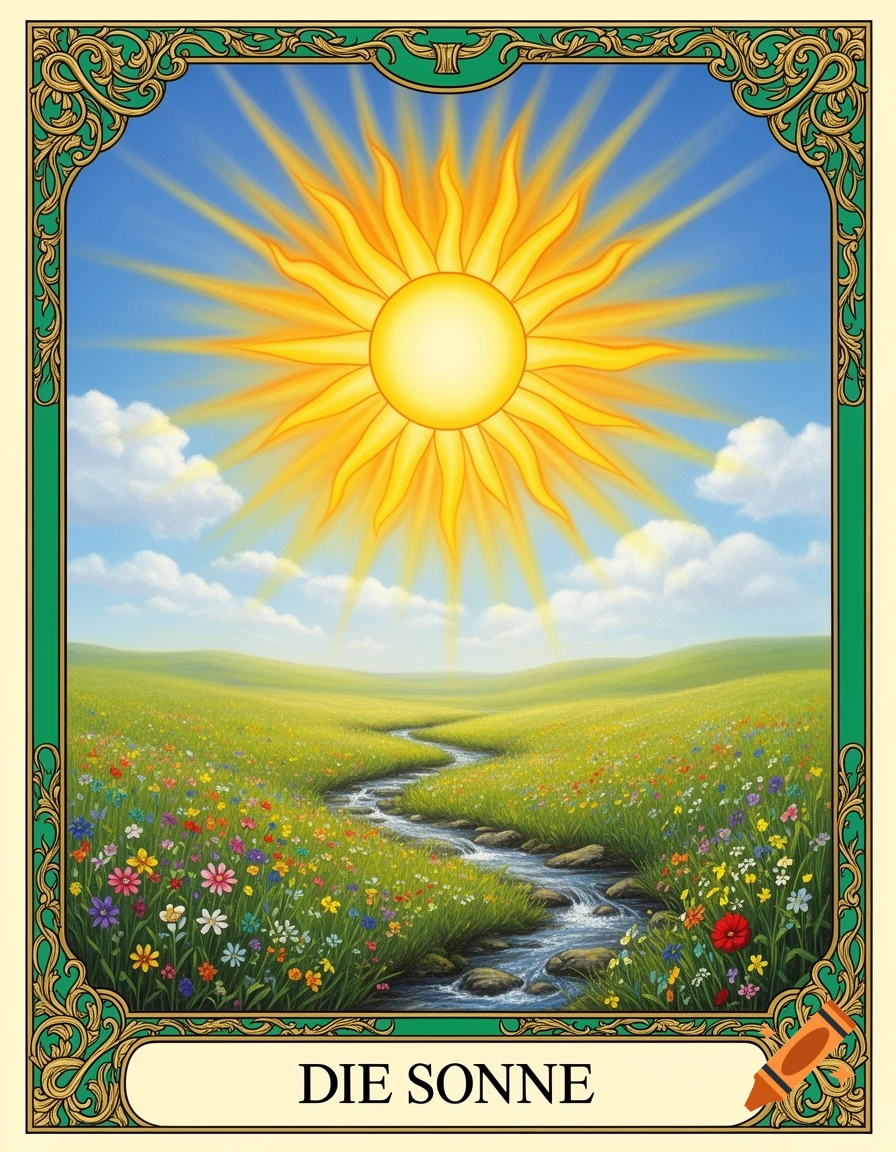 An illustrated card featuring a radiant sun in a blue sky over a vibrant green field with a stream and wildflowers. Text reads 'DIE SONNE'.
