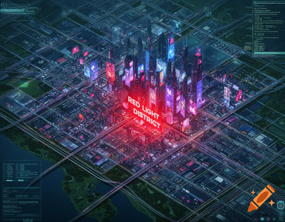 Isometric sci-fi city map with towering neon-lit skyscrapers and a central area labeled 'RED LIGHT DISTRICT'.