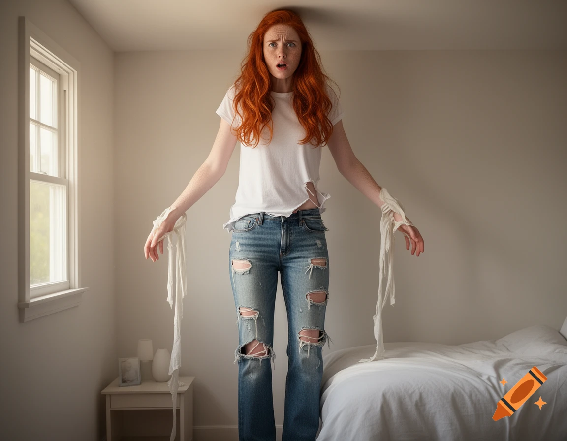 A red-haired woman with ripped clothes panics in a bedroom, seemingly growing too large for the space.