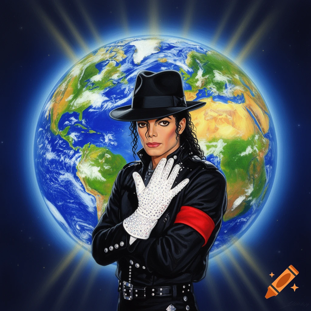 An illustration of Michael Jackson in a black fedora and sequined glove, standing in front of a glowing Earth.