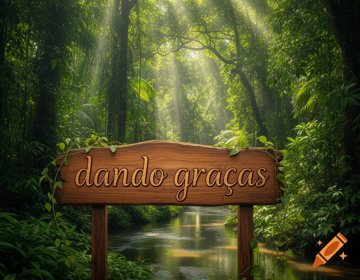 A wooden sign with "dando graças" (giving thanks) in a lush, sunlit jungle with a river.