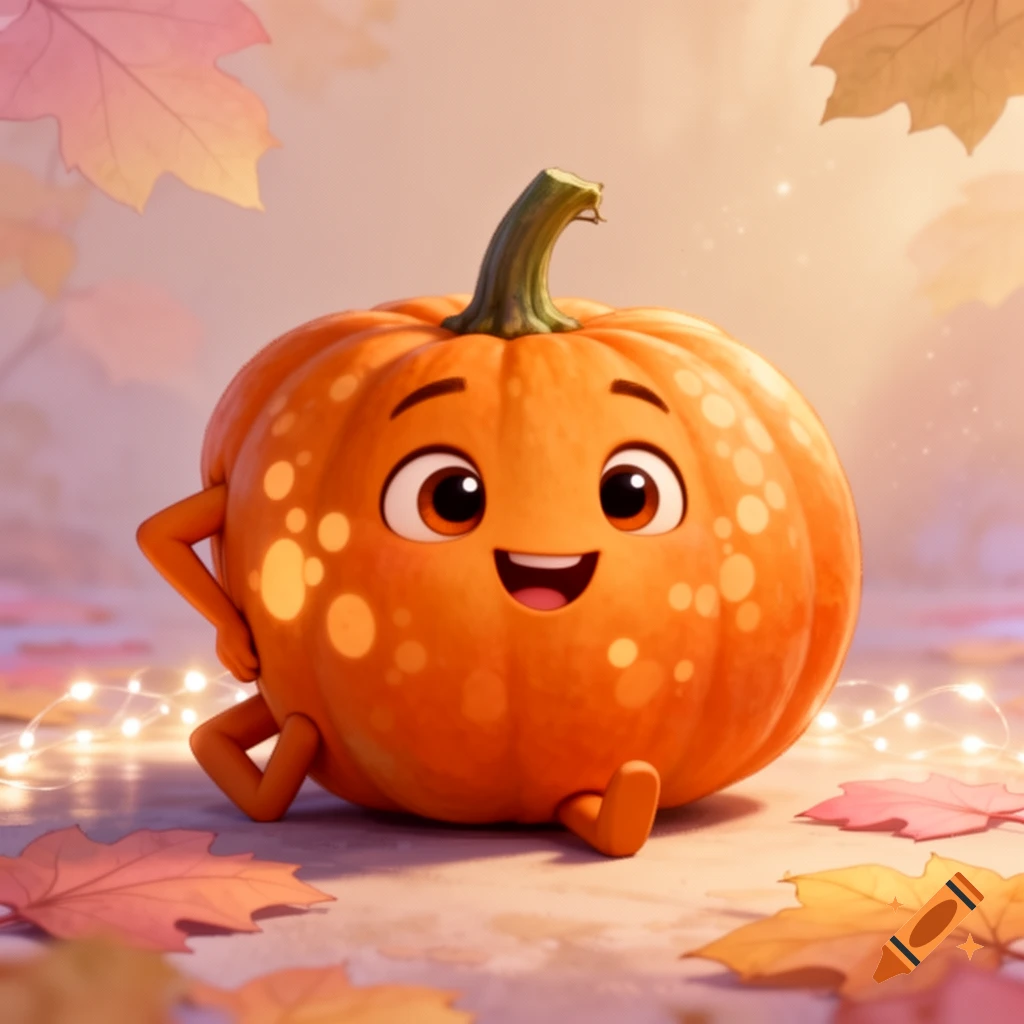 A happy, anthropomorphic pumpkin sits among autumn leaves and fairy lights in a Pixar style.