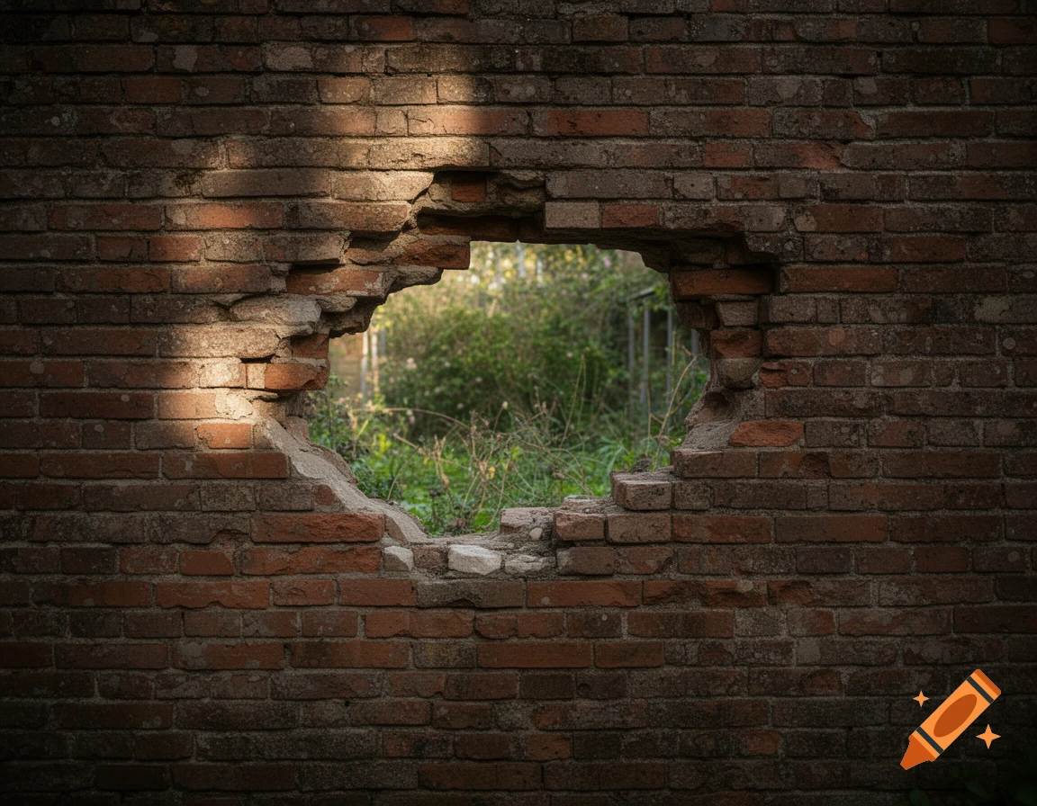 A weathered brick wall with a rough, circular hole revealing lush green foliage and light on the other side.