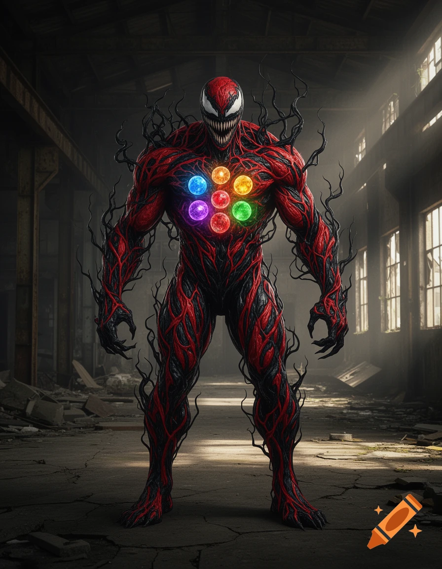 Red and black Marvel Carnage character with glowing Infinity Stones on its chest stands in a ruined industrial building.