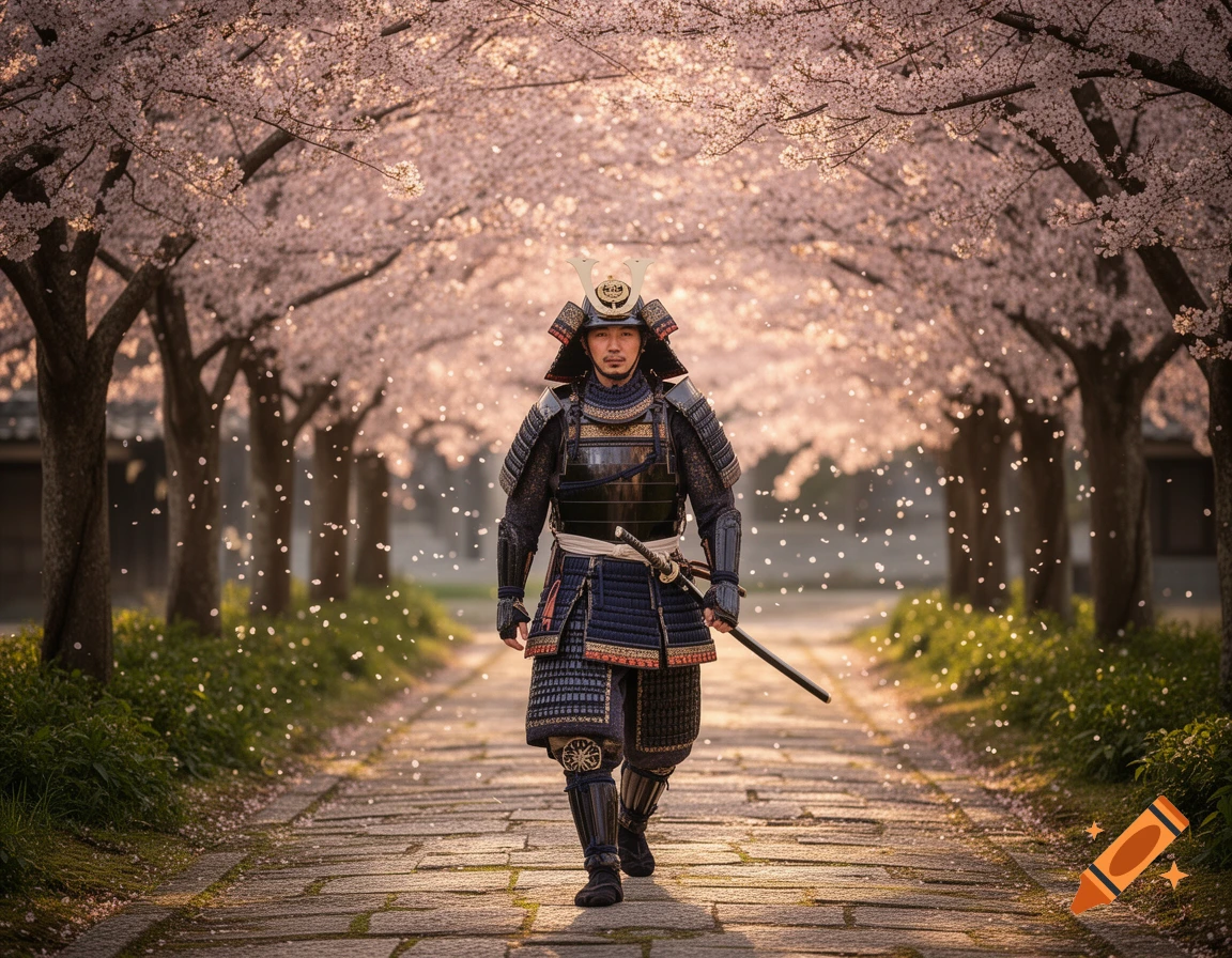A photorealistic image of a samurai in full armor walking on a stone path lined with pink cherry blossom trees, with petals falling.