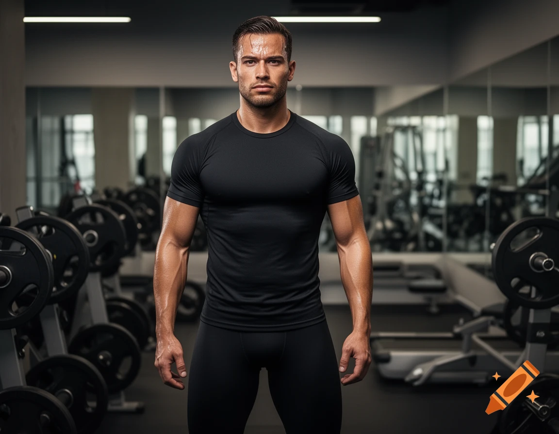 A muscular man in a black t-shirt and pants stands in a gym, looking forward. Photorealistic style.