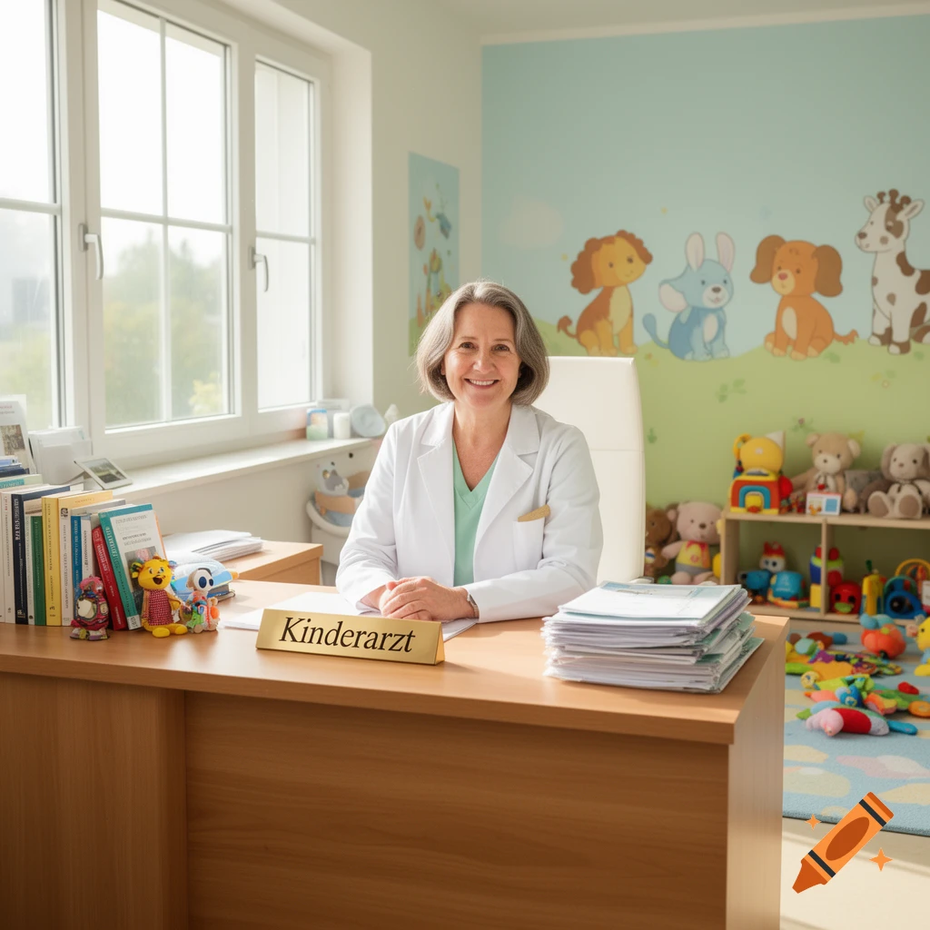 A smiling female pediatrician in a white lab coat sits at her desk in a colorful office with children's toys and wall art.