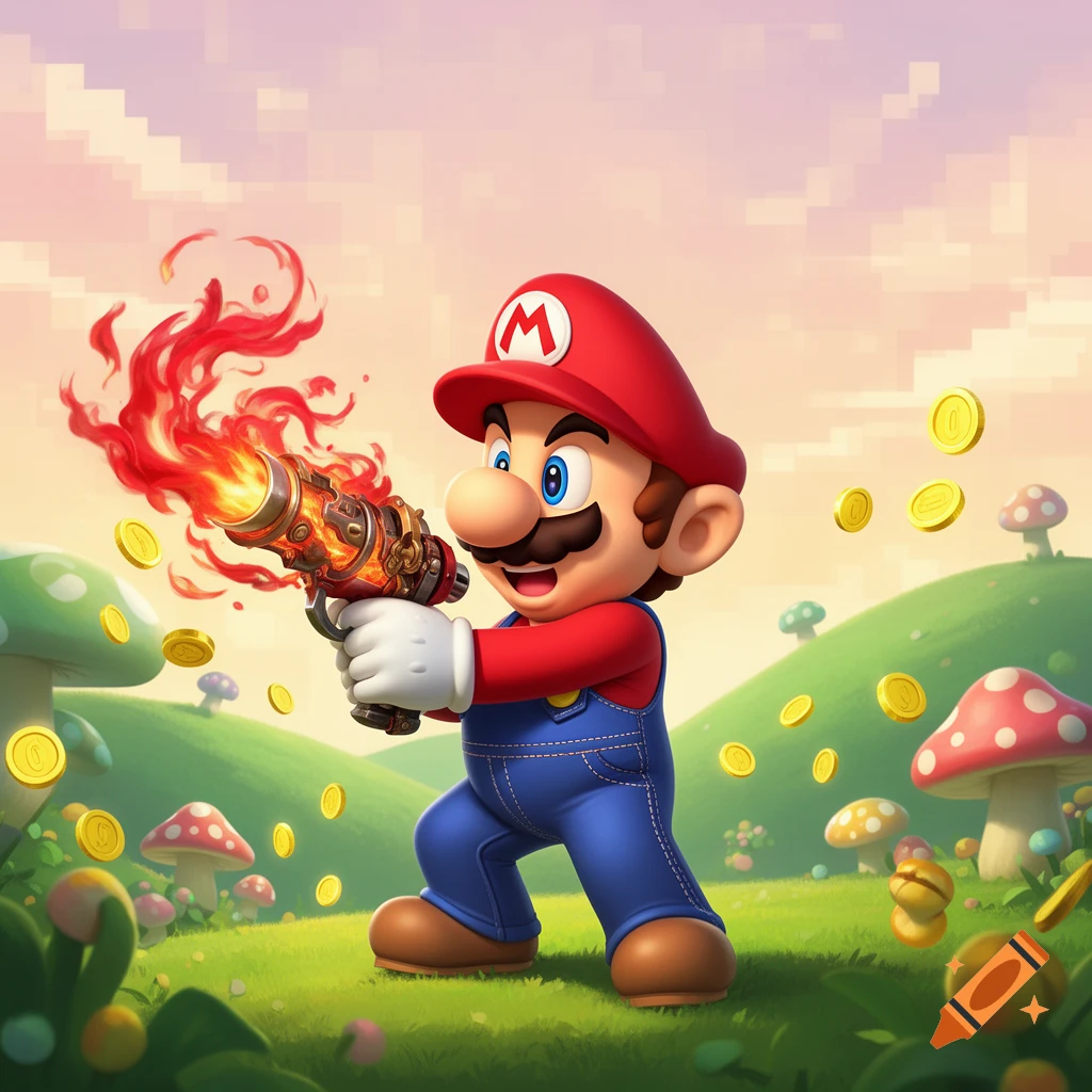 Cartoon Mario holding a flaming steampunk gun amidst green hills, mushrooms, and floating gold coins under a pixelated sky.