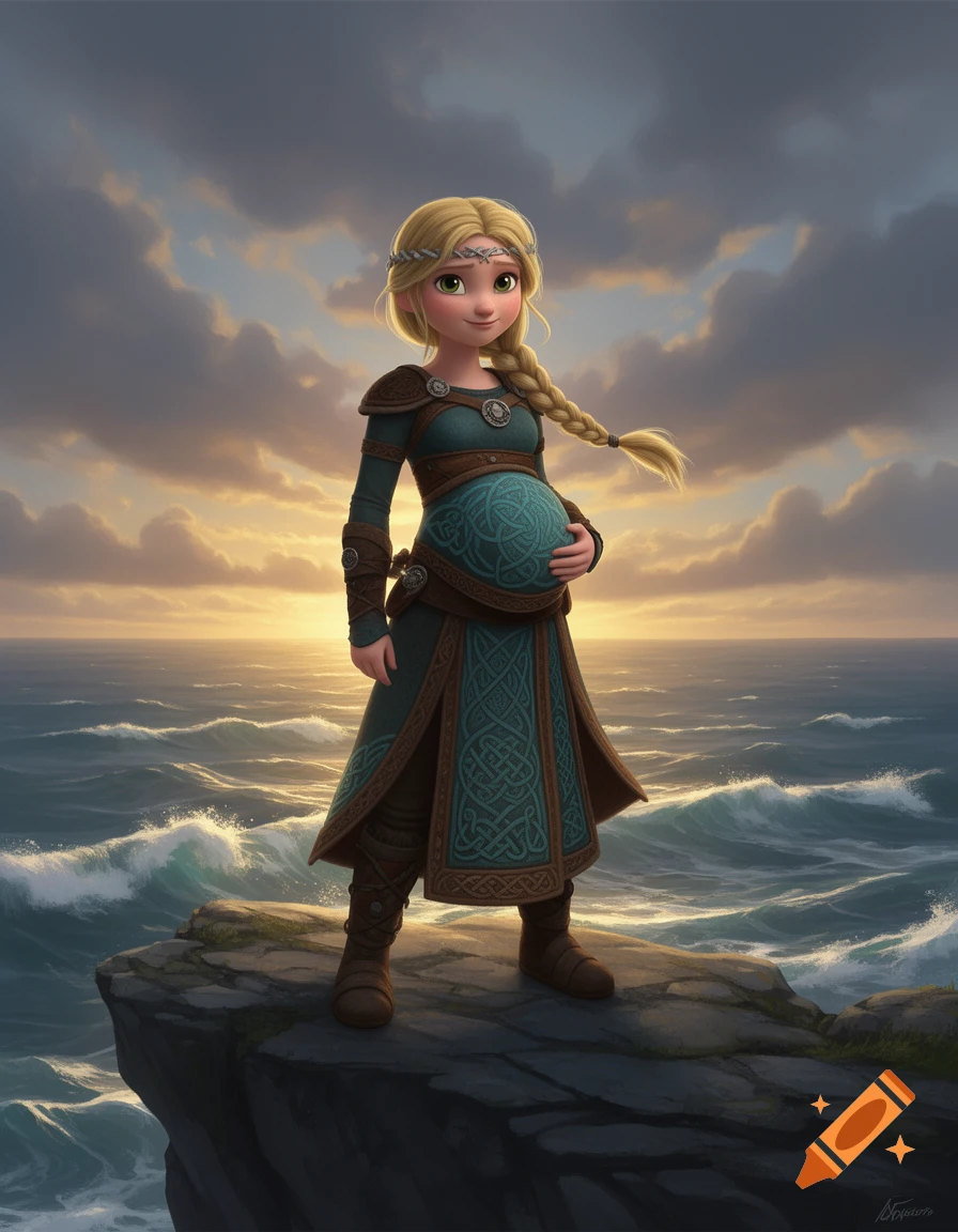 Animated blonde woman, Astrid, in teal and brown armor with Celtic knots, holding her pregnant belly, standing on a cliff by a stormy sea at sunset.