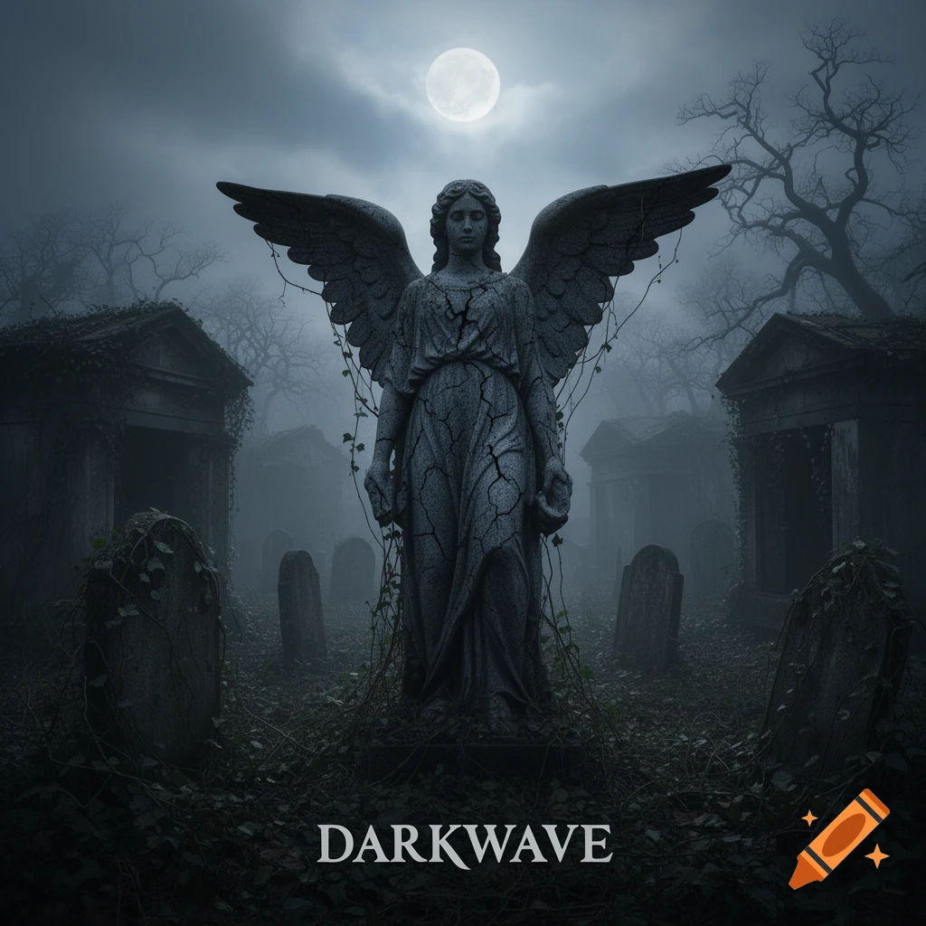 A cracked angel statue in a foggy, overgrown cemetery under a full moon, with "DARKWAVE" text, in a gothic style.