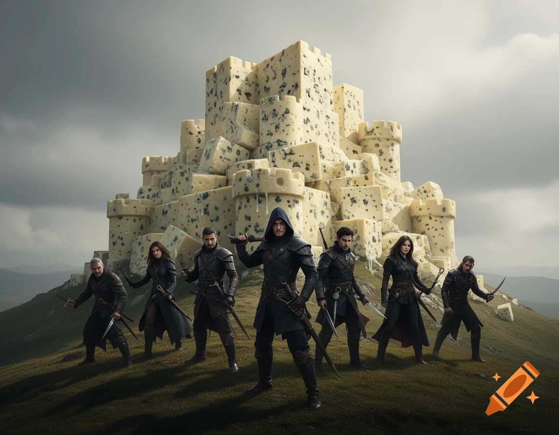 A group of six D&D rogue-like characters in dark attire stand on a grassy hill before a fantasy castle made of large blocks of blue cheese, under a cloudy sky.