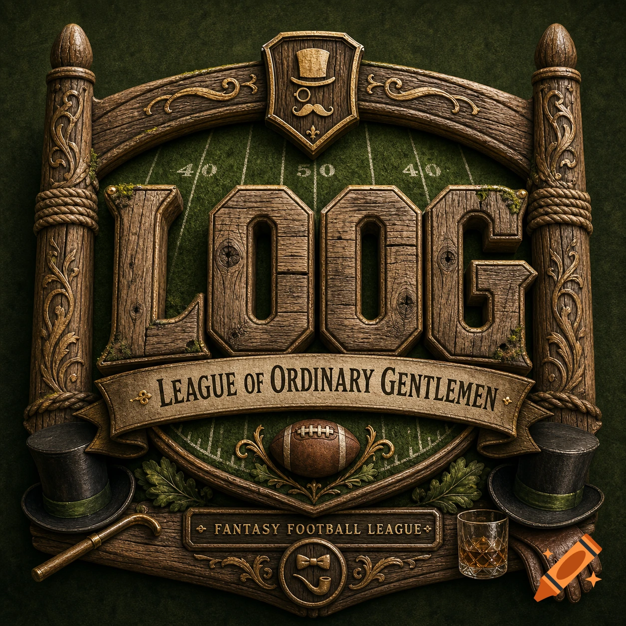 An ornate wooden logo for 'LOOG League of Ordinary Gentlemen Fantasy Football League' with a football field background, top hats, and a football.