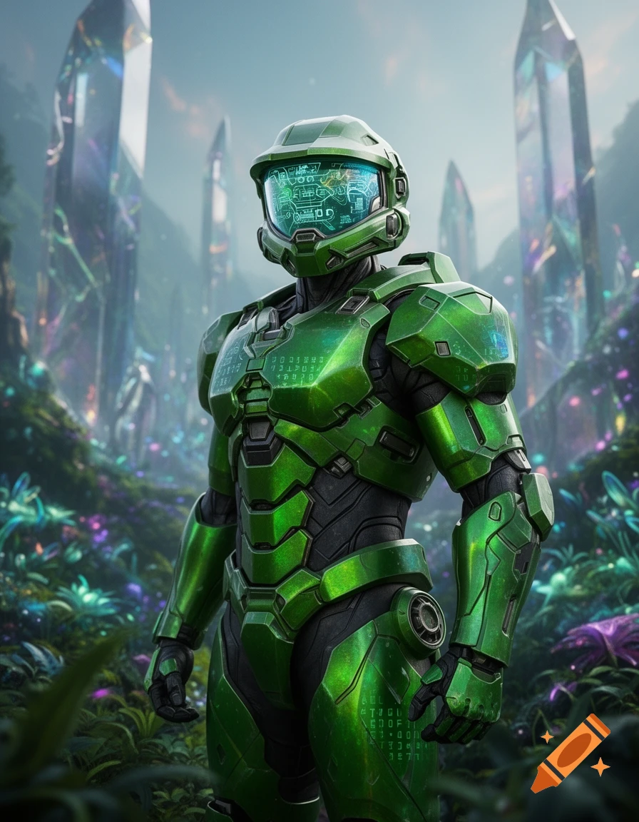 A green armored soldier, similar to Master Chief, stands amidst glowing crystals and exotic plants in a vibrant, futuristic landscape.