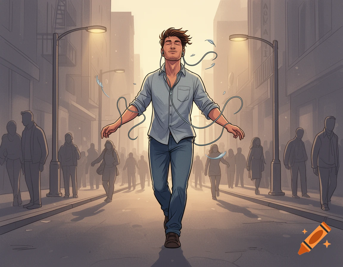 An illustrated man with wired headphones, eyes closed, walking confidently down a busy city street among blurred pedestrians at dusk.