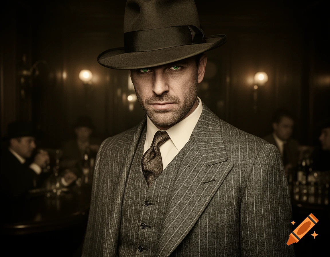 A man in a fedora and pinstripe suit with piercing green eyes looks intently in a dimly lit bar.