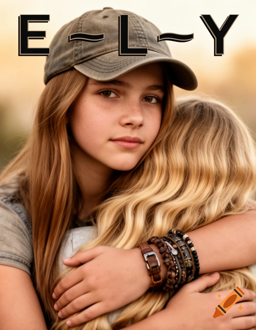 Close-up portrait of a girl in a cap hugging another girl, with text 'E~L~Y' at the top.