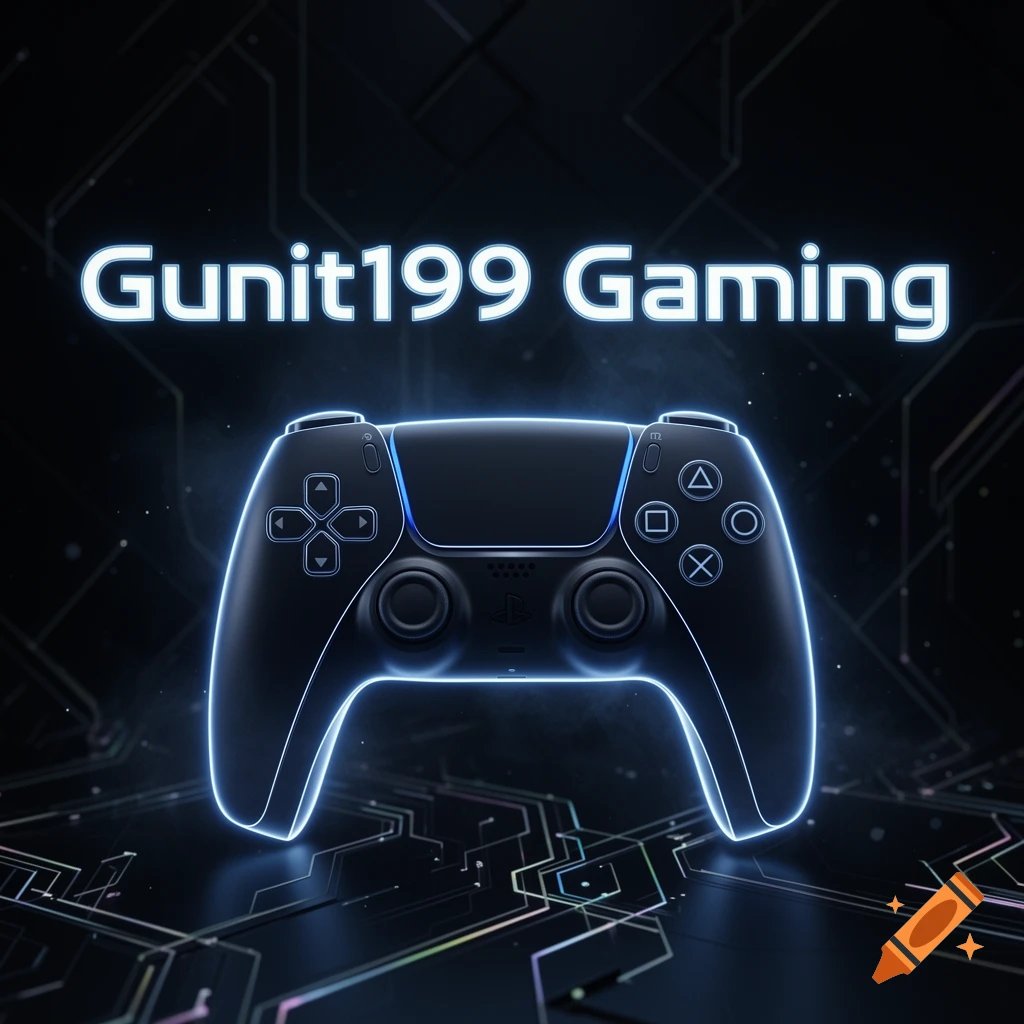 A glowing blue outline of a black PS5 controller with 'Gunit199 Gaming' text above it on a dark, circuit-patterned background.