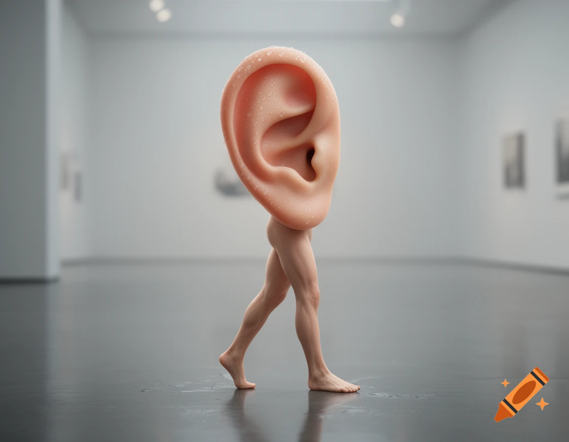 A giant human ear on human legs walks through an empty modern art gallery in a photorealistic style.