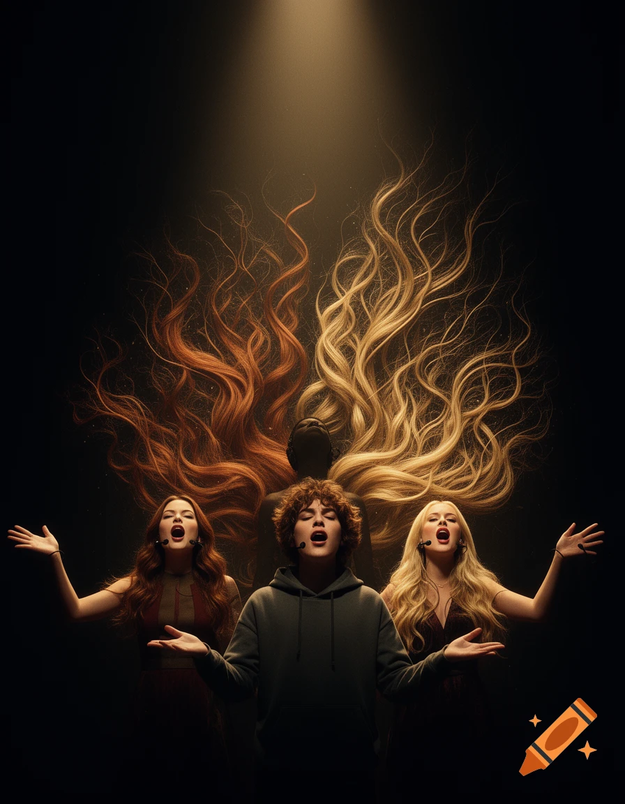 A boy and two women sing with microphones, their long hair flowing upwards into intertwined, root-like patterns against a dark background, illuminated by a spotlight.