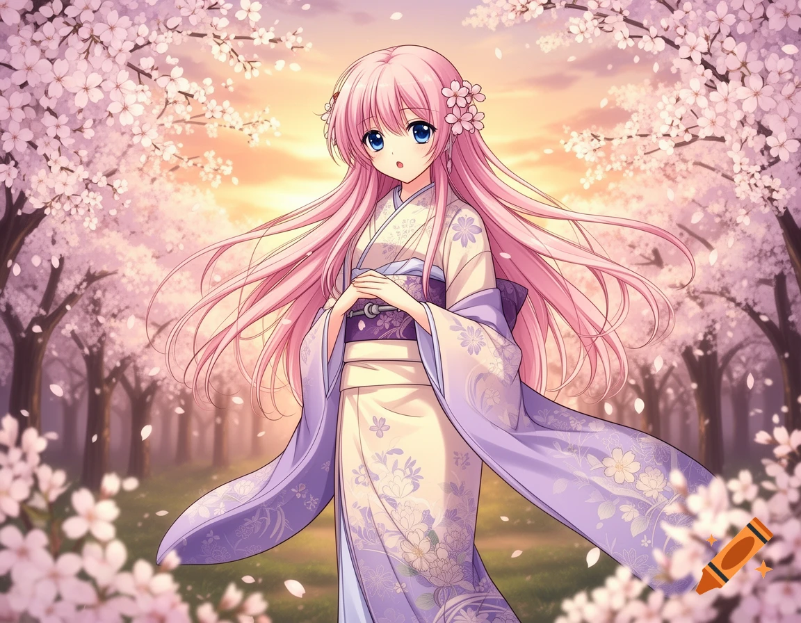 Anime girl with long pink hair and blue eyes wearing a patterned kimono, standing among cherry blossoms at sunset.