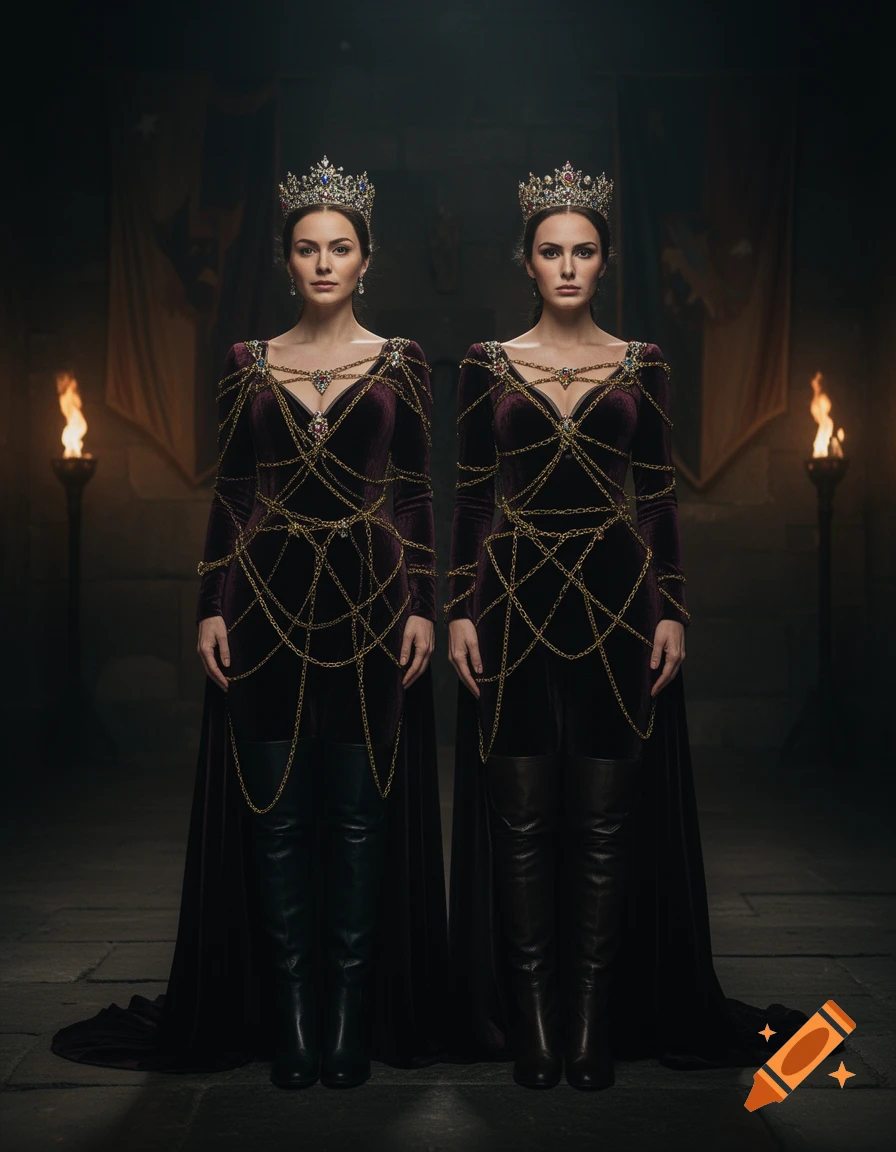 Two regal queens in dark velvet gowns with golden chains, crowns, and tall boots stand in a dimly lit castle hall.