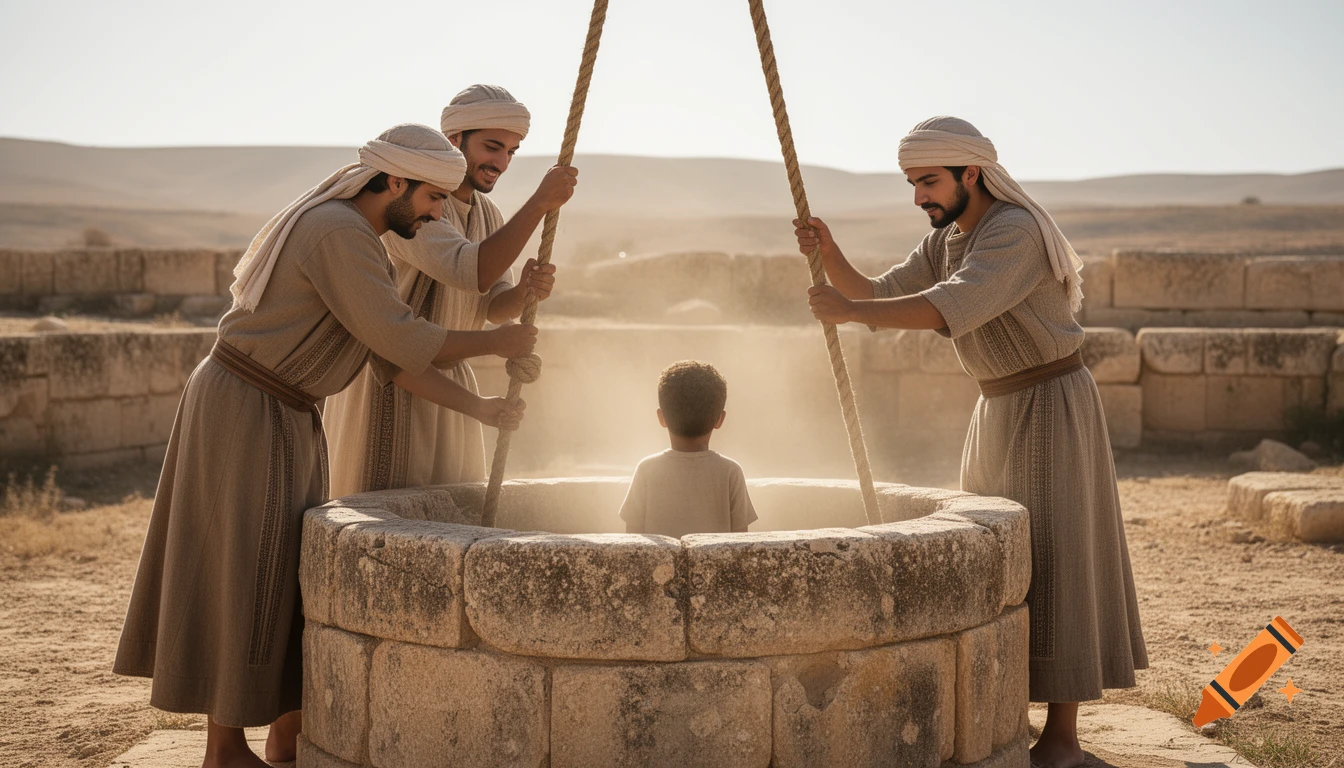 Three Middle Eastern men in ancient tunics use ropes to lift a small boy from a stone well in a dusty, sunlit desert landscape.