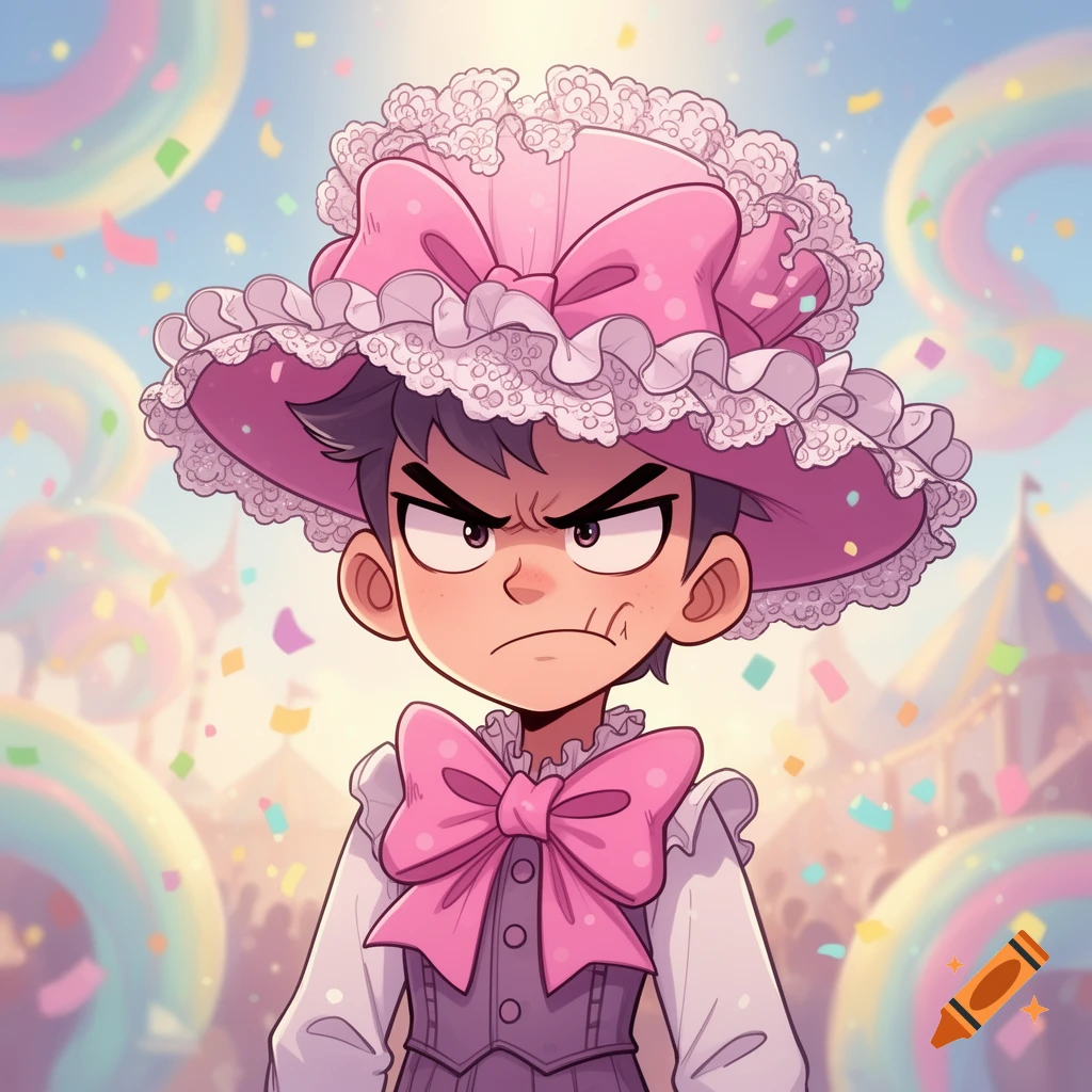 Angry cartoon character Jax from The Amazing Digital Circus wearing a large pink frilly hat at a colorful carnival.