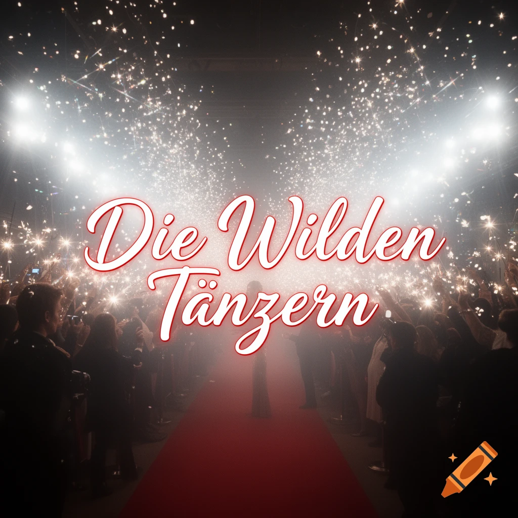 Red carpet event with a crowd, sparkling lights, and the text 'Die Wilden Tänzern' in a script font.