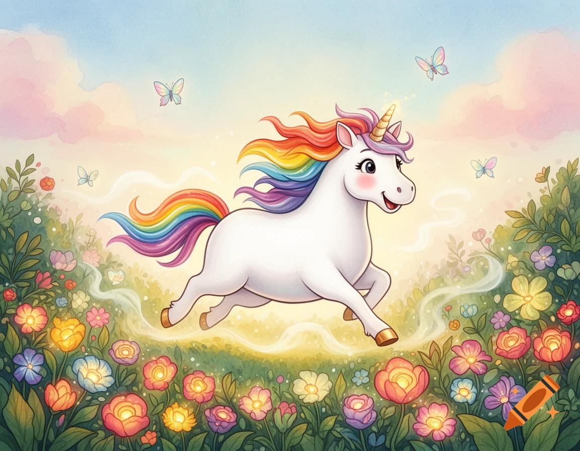 A cute white chubby unicorn with a rainbow mane galloping happily through a magical green garden with glowing colorful flowers, in a children's book watercolor style.