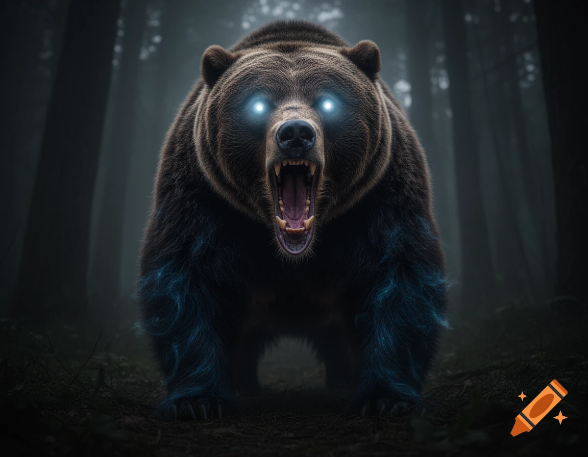 A photorealistic, aggressive bear with glowing blue eyes and blue energy on its fur stands in a dark, misty forest.