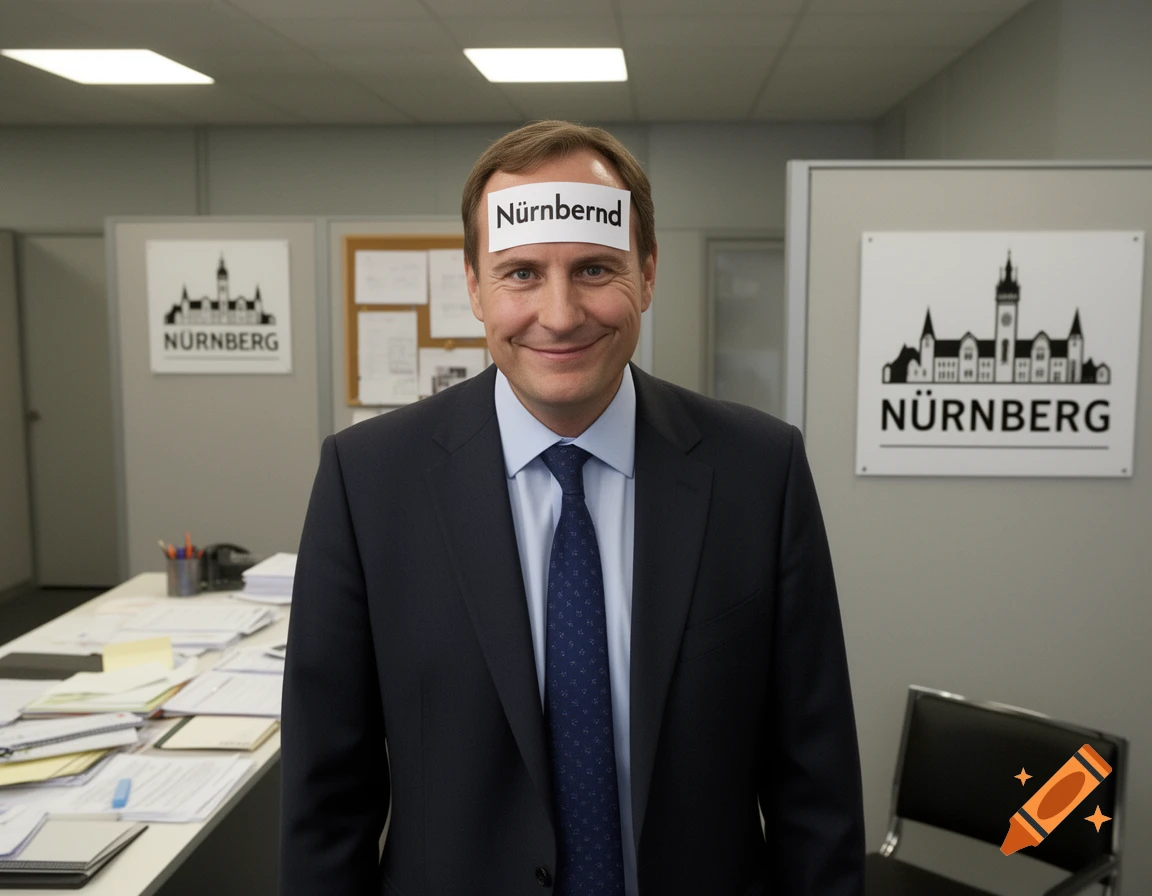 A smiling man in a suit with a paper saying "Nürnbernd" on his forehead stands in an office, with "NÜRNBERG" logos on the wall.