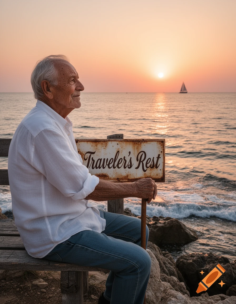 An elderly man sits on a wooden bench by the ocean during sunset, looking out at a sailboat, with a 'Traveler's Rest' sign beside him.