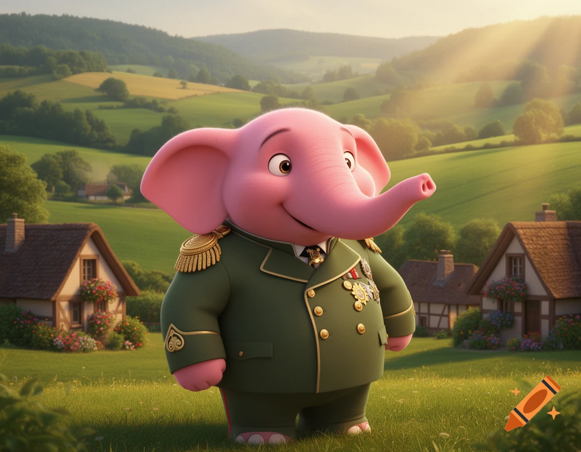 A cute pink cartoon elephant in a green military uniform stands in a sunny, green field with houses and hills in Pixar style.