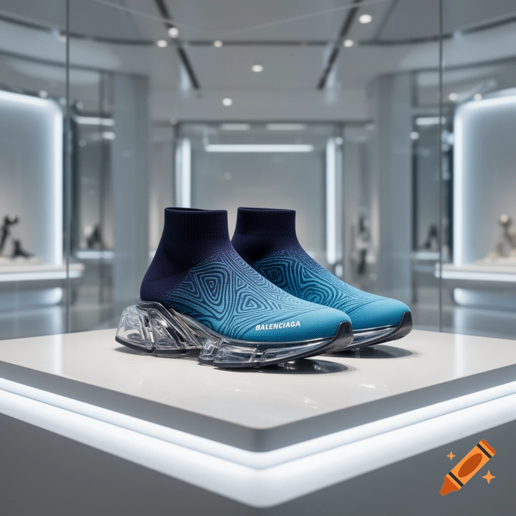 A pair of blue and black Balenciaga Speed shoes with geometric patterns and clear soles, displayed on a white pedestal in a modern, brightly lit interior.