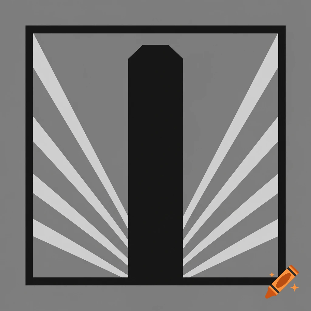 A minimalist flat vector logo featuring a black vertical pillar with silver sun rays fanning upwards inside a square frame on a solid grey background.