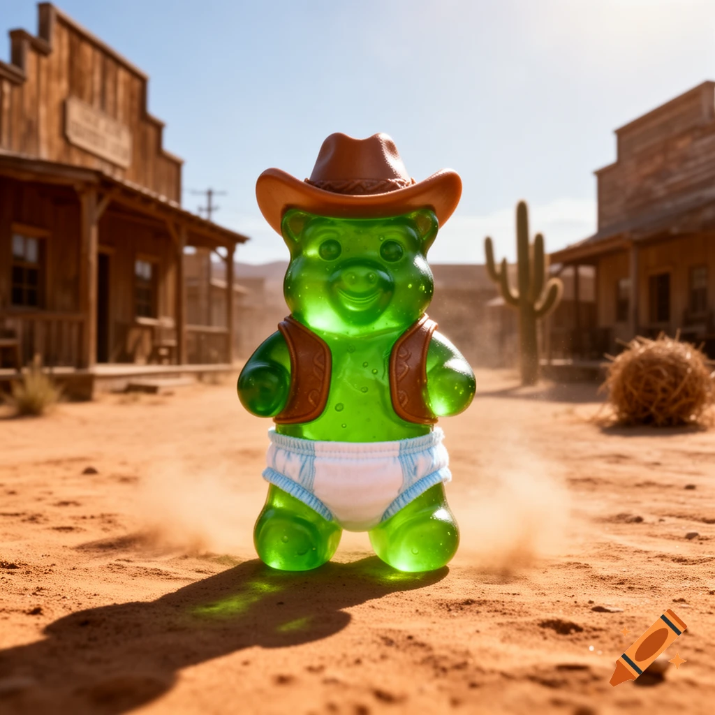A bright green gummy bear, dressed in a cowboy hat, brown vest, and a white diaper, stands on a dusty street in a Wild West town under a sunny sky.