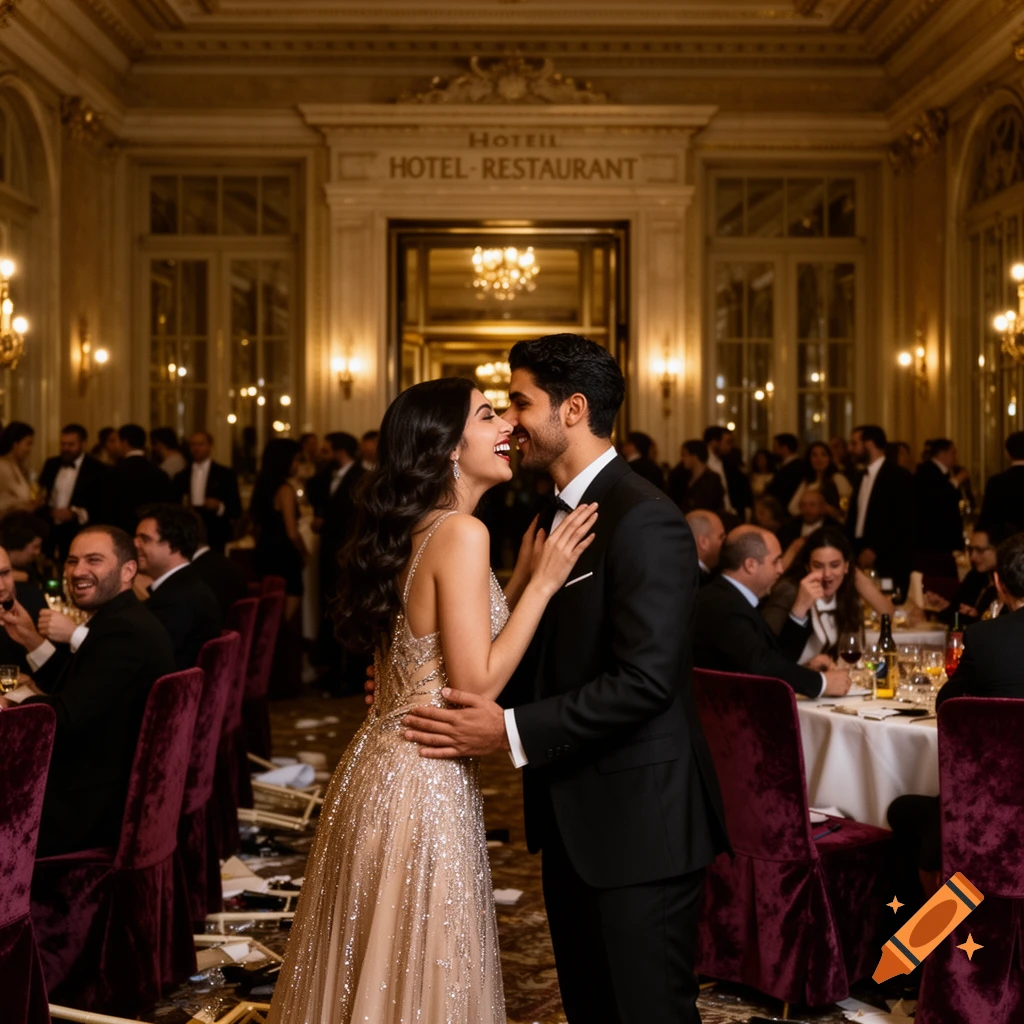 A formally dressed couple shares a kiss in a grand hotel restaurant filled with elegantly set tables and other guests.