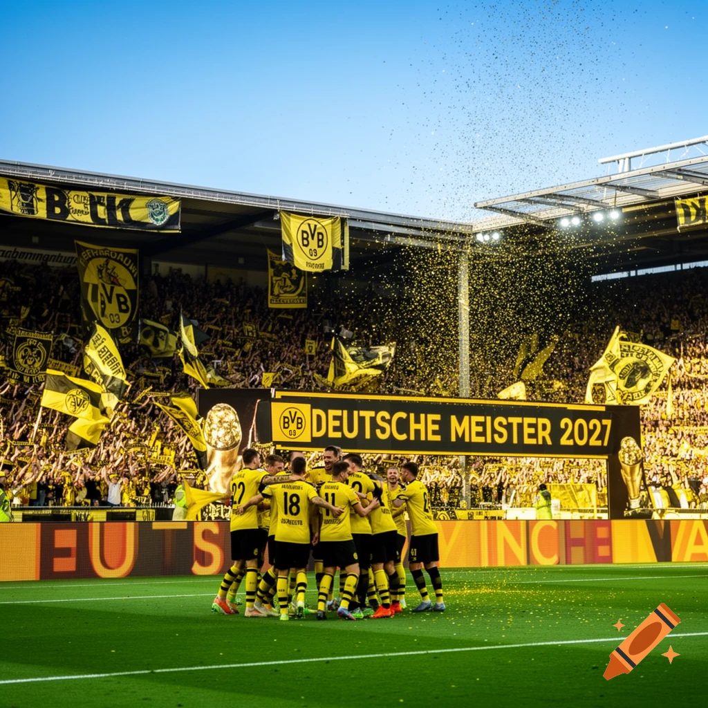 Soccer players huddle on a field in a stadium filled with cheering fans and yellow confetti, with a banner reading "BVB DEUTSCHE MEISTER 2027".