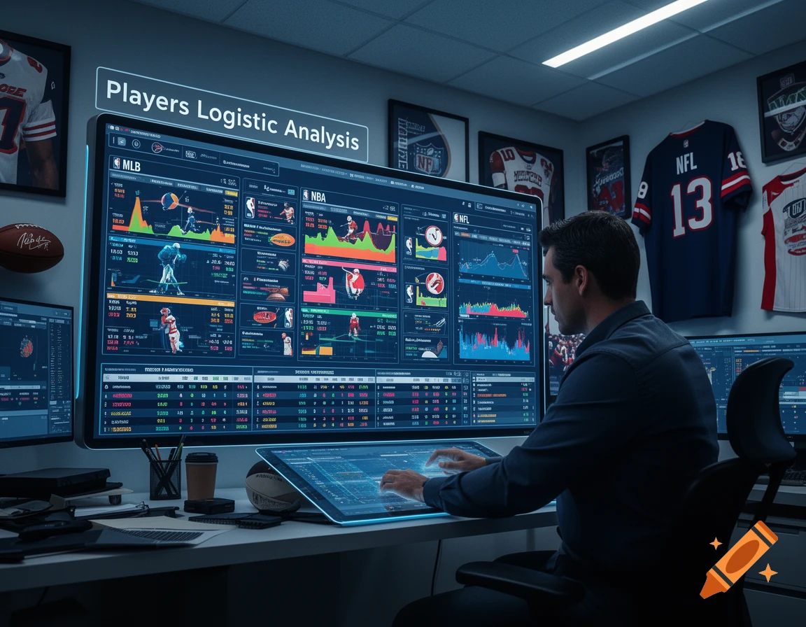 Man in an office analyzing sports data on large, glowing screens, surrounded by sports memorabilia, in a photorealistic style.