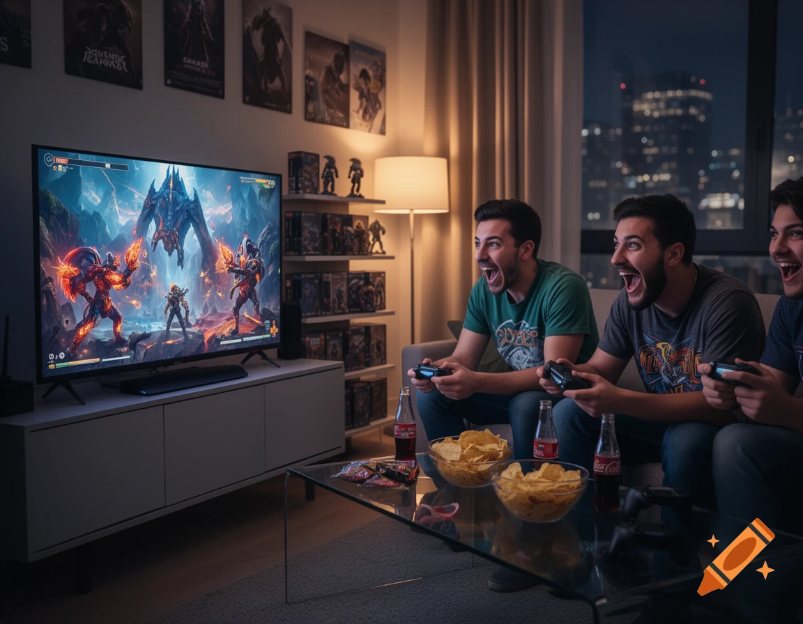 Three excited men enthusiastically playing a video game on a large screen in a dimly lit room, with snacks and drinks on a coffee table.