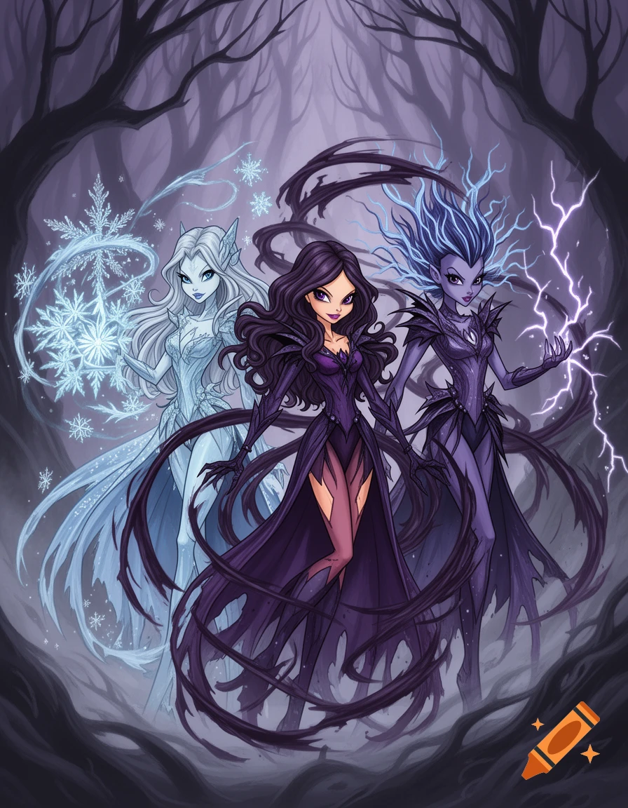 Three stylized magical girls with powers of ice, darkness, and lightning stand in a dark, misty forest, in an anime art style.
