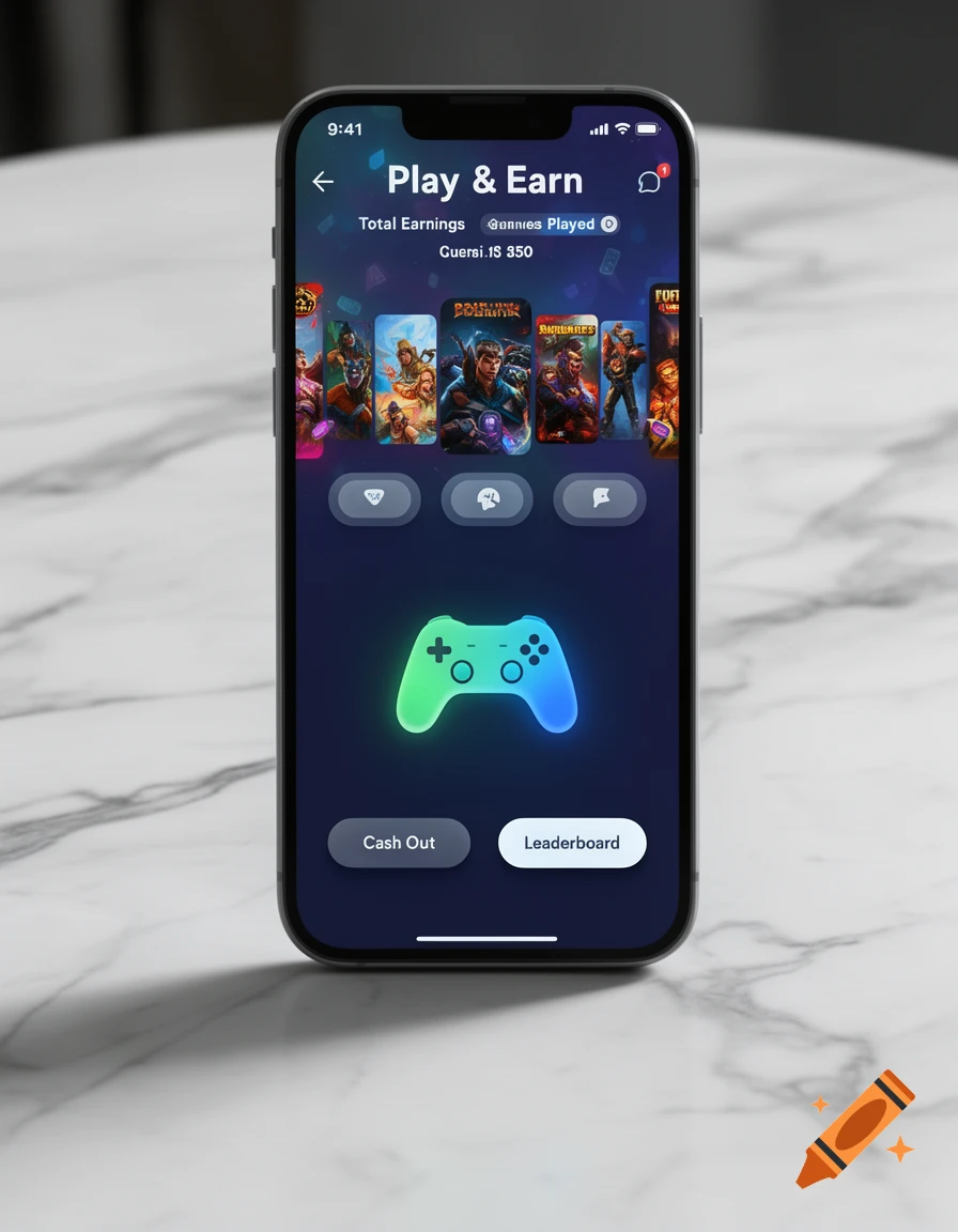 A smartphone displaying a gaming app interface on a white marble table. The app shows 'Play & Earn', game titles, a glowing green and blue game controller icon, and 'Cash Out' and 'Leaderboard' buttons.