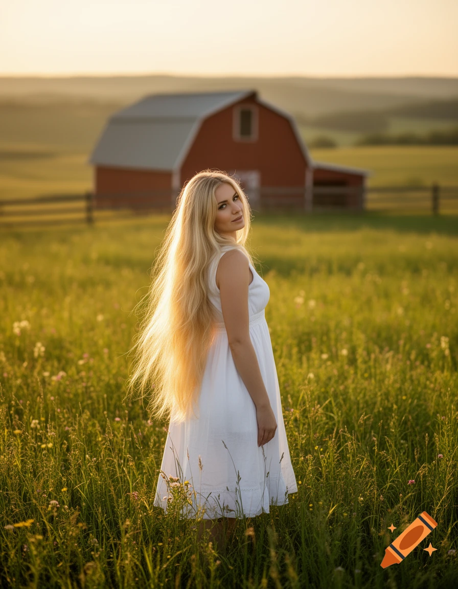 A blonde woman in a white dress with long hair stands in a grassy field with a red barn in the background at sunset.