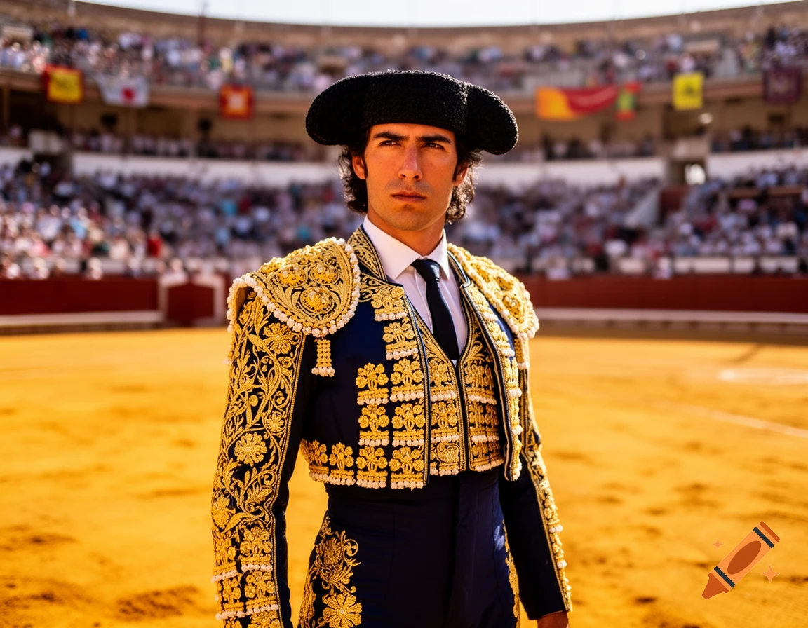 A matador in an elaborate blue and gold uniform stands confidently in a sunlit bullfighting arena, with spectators in the background.