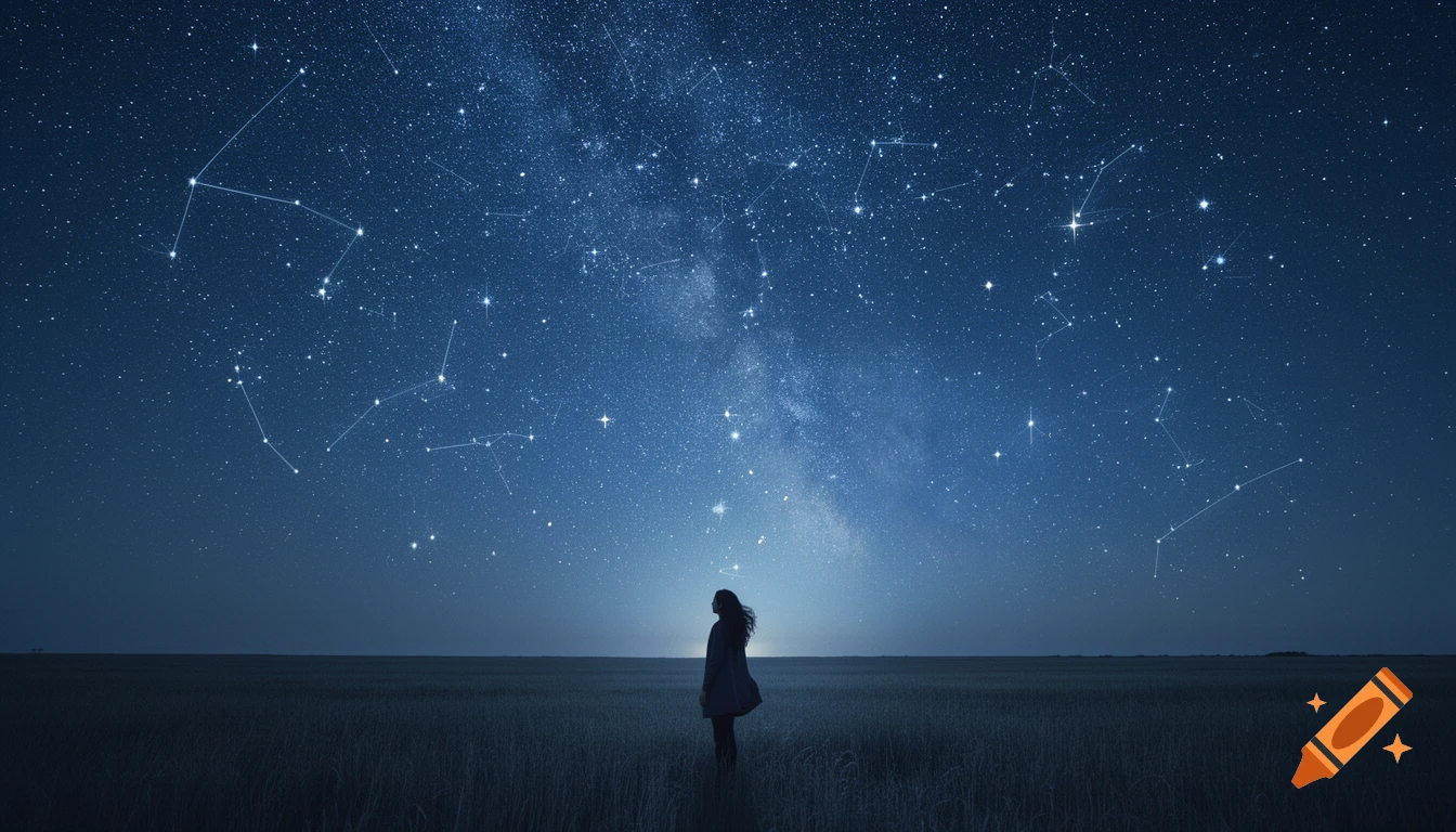 A silhouette of a person stands in a dark field, looking up at a vast, clear night sky filled with countless stars, constellations, and the Milky Way.