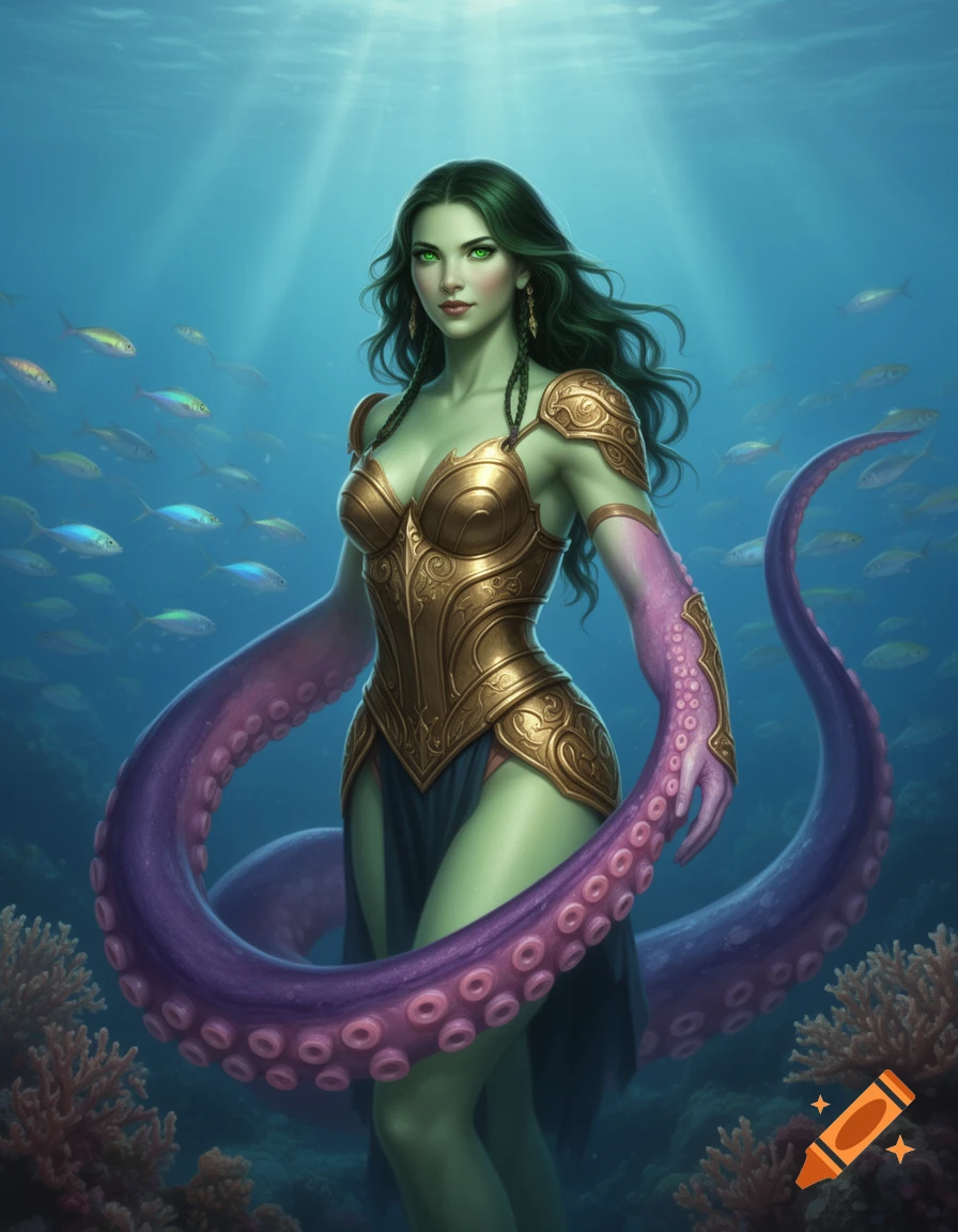 Green-skinned Triton paladin with dark green hair, gold armor, and a purple tentacle arm, standing underwater among fish and coral.